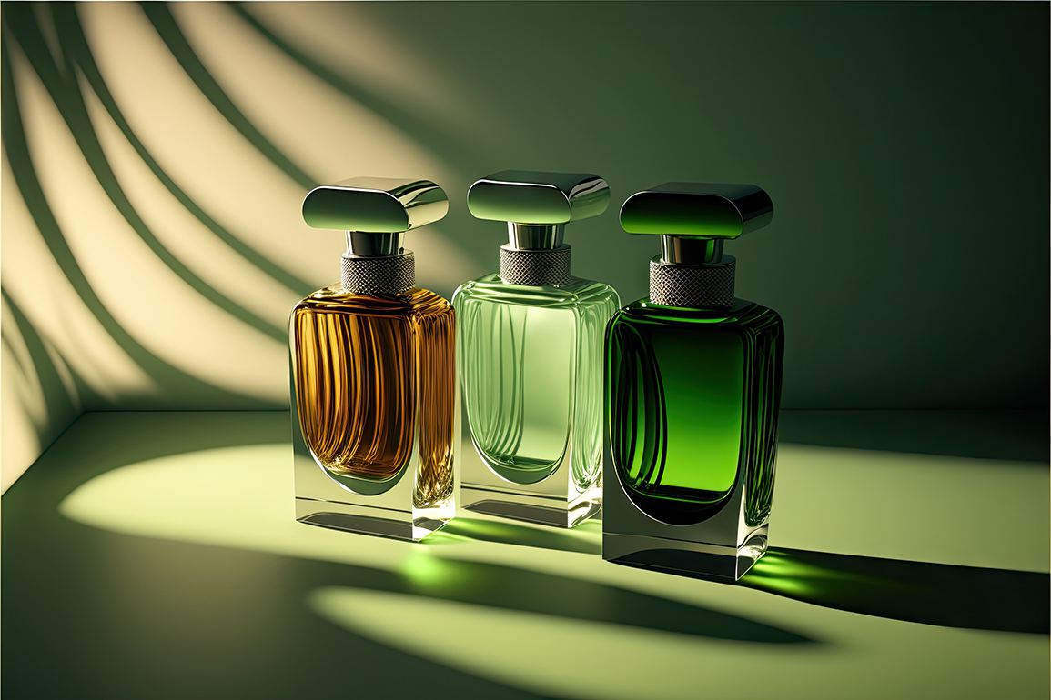 trzy flakony perfum na zielonym tle
