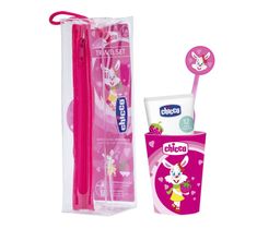 Chicco Travel Set zestaw podróżny do mycia zębów pasta + szczoteczka + kubek + etui 3-6l Różowy