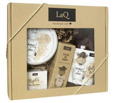LaQ zestaw kosmetyków dla mężczyzn – żel pod prysznic (500 ml) + olejek do brody (30 ml) + mydło w kostce (85 g) + peeling do ciała (200 ml)