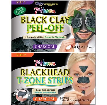 7th Heaven – Charcoal Duo Black Clay Peel-Off węglowa maseczka do twarzy 6ml + Blackhead T-Zone Strips paski niwelujące zaskórniki (3 szt.)