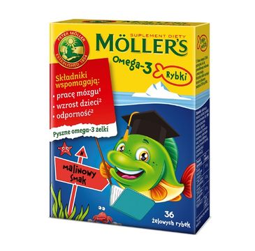 Möller's – Omega-3 Rybki żelki z kwasami omega-3 i witaminą D3 dla dzieci Malinowe (36 szt.)