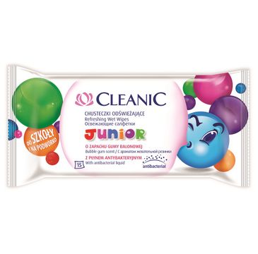 Cleanic – Junior chusteczki odświeżające dla dzieci z płynem antybakteryjnym Guma Balonowa (15 szt.)