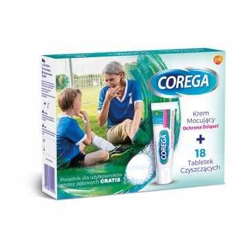 Corega – zestaw krem mocujący Ochrona Dziąseł (40 g) + tabletki do czyszczenia protez zębowych (18 szt.)