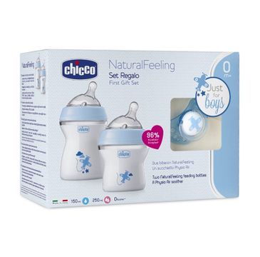 Chicco NaturalFeeling zestaw do karmienia butelka 150ml 0m+ + butelka 250ml 2m+ + smoczek PhysioForma Comfort 0m+ Niebieski