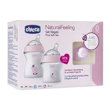 Chicco NaturalFeeling zestaw do karmienia butelka 150ml 0m+ + butelka 250ml 2m+ + smoczek PhysioForma Comfort 0m+ Różowy