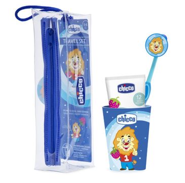 Chicco Travel Set zestaw podróżny do mycia zębów pasta + szczoteczka + kubek + etui (3-6 l) Niebieski