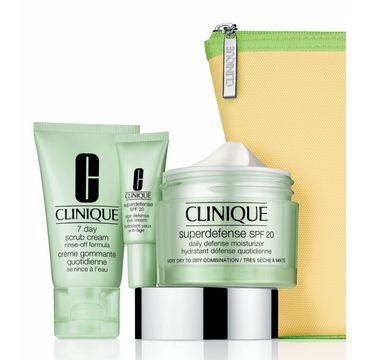 Clinique Daily Defenders Superdefense SPF 20 Daily Defense Moisturizer (50 ml)+ 7 Day Scrub Cream (30 ml) + Superdefense SPF 20 Age Defense Eye Cream (5 ml) + Bag