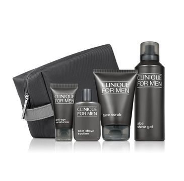 Clinique Great Skin for Him zestaw do pielęgnacji skóry dla mężczyzn Face Scrub (100 ml) + Anti-Age Moisturizer (100 ml) + Post-Shave Soother (35 ml) + Aloe Shave Gel (41 ml)