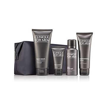 Clinique Great Skin For Him zestaw żel myjący do twarzy (200 ml) + nawilżająca emulsja do twarzy (100 ml) + peeling do twarzy (30 ml) + żel do golenia (41 ml) + kosmetyczka