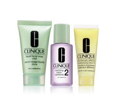 Clinique Great Skin Liquid Type 2 zestaw do pielęgnacji skóry suchej Liquid Facial Soap Mild (30 ml) + Clarifying Lotion 2 (30 ml) + Dramatically Different Moisturising Lotion (15 ml)