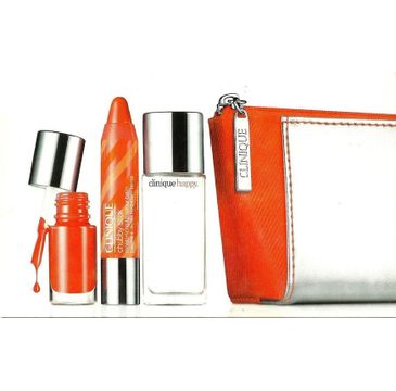 Clinique Happy Women zestaw woda perfumowana (7 ml) + A Different Nail Enamel lakier do paznokci Juiced Up (4ml) + Chubby Stick Moisturizing Lip Colour Balm błyszczyk w kredce 12 Oversized Orange (1,2 g) + kosmetyczka
