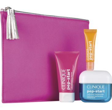 Clinique Pep It Up zestaw kosmetyków Pep-Start HydroBlur Moisturizer (50 ml) + 2-in-1 Exfoliating Cleanser (30 ml) + Eye Cream (7 ml) + kosmetyczka