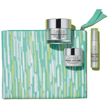 Clinique zestaw prezentowy Custom Repair Moisturizer SPF15 krem na dzień (50 ml) + Smart Custom Repair serum na noc (10 ml) + Smart Night Custom Repair Moisturizer krem na noc (15 ml) + kosmetyczka