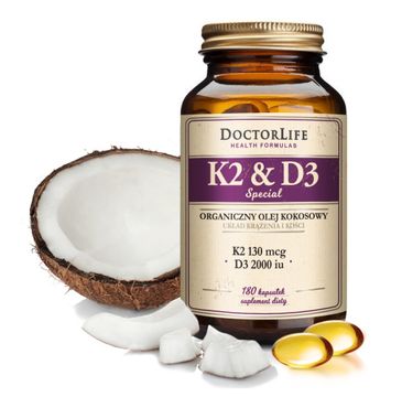 Doctor Life K2 & D3 organiczny olej kokosowy 130ug K2 mk-7 & 2000iu D3 suplement diety 180 kapsułek