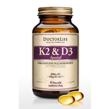 Doctor Life K2 & D3 organiczny olej kokosowy 130ug K2 mk-7 & 2000iu D3 suplement diety 90 kapsułek