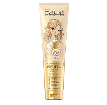 Eveline Cosmetics Glow and Go rozświetlająco-nawilżający balsam do ciała ze złotymi drobinkami (150 ml)