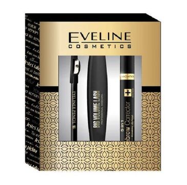 Eveline Exclusive Edition – zestaw prezentowy Big Volume Lash – pogrubiający tusz do rzęs (10 ml) + Eyeliner Pencil – kredka do oczu Black (0,28 g) + Eyebrow Corrector – korektor do brwi (9 ml)