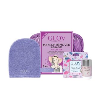 Glov Travel Set Oily Skin podróżny zestaw On-The-Go do oczyszczania cery tłustej + Quick Treat do korekt makijażu + Magnet Cleanser do czyszczenia rękawic i pędzli + kosmetyczka