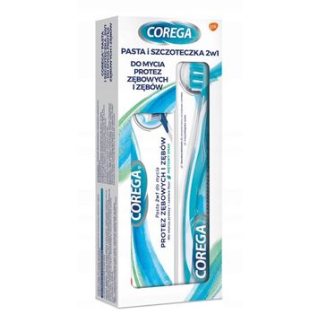 Corega – Pasta 2w1 do mycia protez zębowych i zębów mięta (75 ml) + szczoteczka (1 szt.)