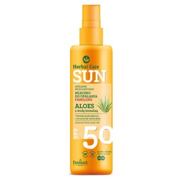 Herbal Care Sun SPF 50 Roślinne wodoodporne mleczko do opalania familijne ALOES z wodą termalną (200 ml)