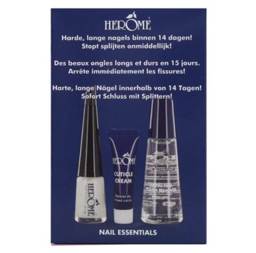 Herome Nail Essentials zestaw zmywacz do paznokci (10 ml) + utwardzacz (4 ml) + krem do skórek (3 ml)