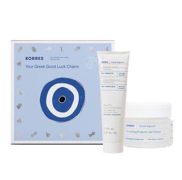 Korres Greek Yoghurt Essentials zestaw kremowy żel do mycia twarzy z probiotykami (150 ml) + odżywczy probiotyczny krem-żel do twarzy (40 ml) + grecki amulet szczęścia