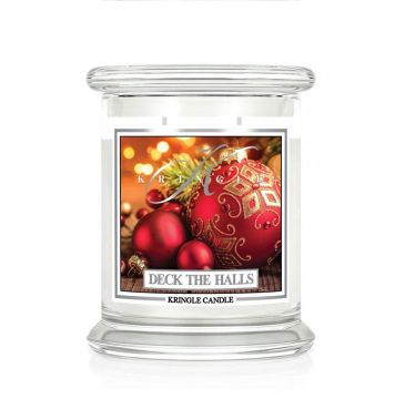 Kringle Candle średnia świeca zapachowa z dwoma knotami - Deck The Halls (411 g)