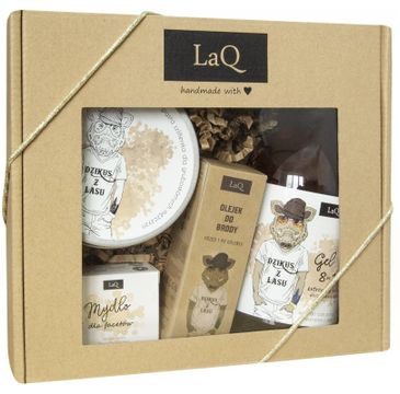 LaQ zestaw kosmetyków dla mężczyzn – żel pod prysznic (500 ml) + olejek do brody (30 ml) + mydło w kostce (85 g) + peeling do ciała (200 ml)