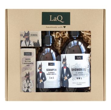 LAQ zestaw żel pod prysznic (500 ml) + szampon (300 ml) + olejek po goleniu (30 ml) + mydło kostka - Doberman
