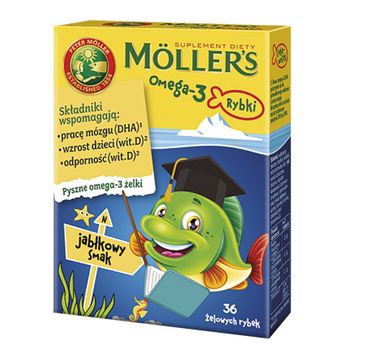 Möller's Omega-3 Rybki żelki z kwasami omega-3 i witaminą D3 dla dzieci Jabłkowe (36 szt.)