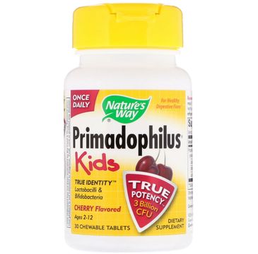 Nature's Way Primadophilus Kids Cherry mieszanka bakterii probiotycznych o smaku wiśni suplement diety 30 tabletek do żucia