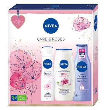 Nivea Care & Roses zestaw Fresh Rose Touch antyperspirant spray (150 ml) + Rose & Almond Oil żel pod prysznic (250 ml) + wygładzające mleczko do ciała (250 ml)