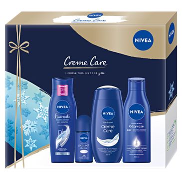 Nivea Zestaw prezentowy Creme Care żel pod prysznic (250 ml) + deo roll-on (50 ml) + szampon Hairmilk (250 ml) + mleczko do ciała (250 ml)