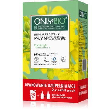 OnlyBio Hipoalergiczny płyn micelarny 3w1 Priebiotyki i Witamina E 250mlx2 + Refill (500 ml)