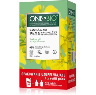 OnlyBio Nawilżający płyn micelarny 3w1 Priebiotyki i Olejek Sezamowy 250mlx2 + Refill 500ml (1 szt.)