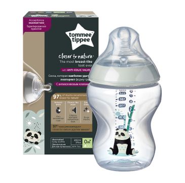 Tommee Tippee Closer To Nature butelka do karmienia ze smoczkiem silikonowym 0m+ Panda (260 ml)
