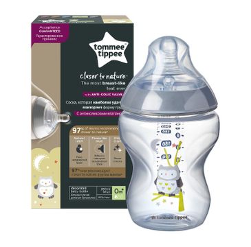 Tommee Tippee Closer To Nature butelka do karmienia ze smoczkiem silikonowym 0m+ Sowa (260 ml)
