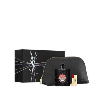 Yves Saint Laurent Black Opium zestaw woda perfumowana spray 90ml + Rouge Pur Couture pomadka do ust 01 Le Rouge 1.3ml + kosmetyczka