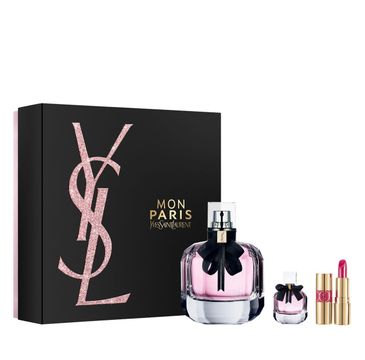 Yves Saint Laurent Mon Paris Pour Femme zestaw woda perfumowana spray 90ml + miniatura wody perfumowanej 7.5ml + pomadka do ust Rouge Volupte Shine 4 1.4ml