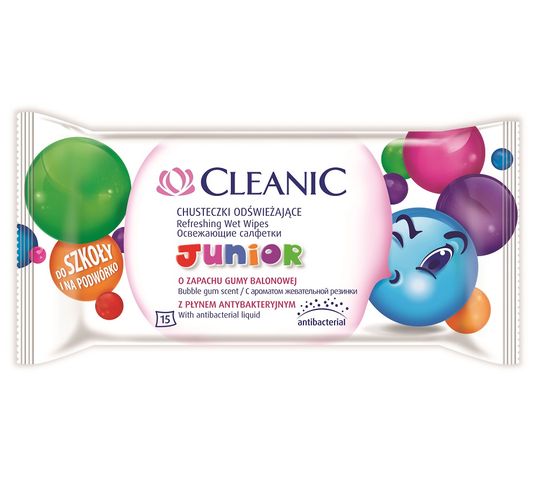Cleanic – Junior chusteczki odświeżające dla dzieci z płynem antybakteryjnym Guma Balonowa (15 szt.)