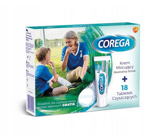 Corega – zestaw krem mocujący Neutralny Smak (40 g) + tabletki do czyszczenia protez zębowych (18 szt.)