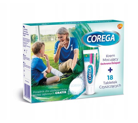 Corega – zestaw krem mocujący Ochrona Dziąseł (40 g) + tabletki do czyszczenia protez zębowych (18 szt.)