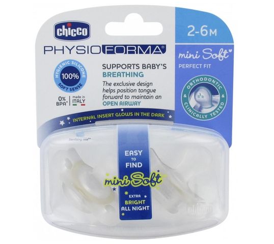 Chicco PhysioForma smoczek silikonowy uspokajający Mini Soft 2-6m Lumi (2 szt.)