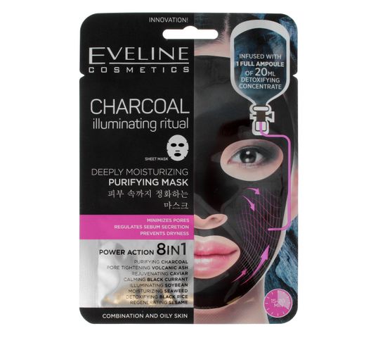 Eveline Sheet Mask Charcoal – maska na tkaninie 8in1 oczyszczająca (1 szt.)