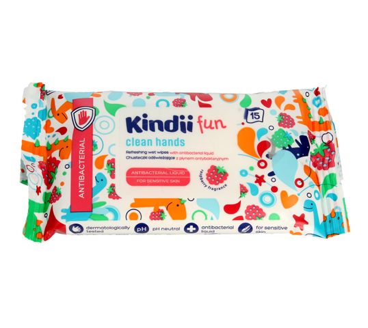 Kindii – Fun Antibacterial chusteczki odświeżające z płynem antybakteryjnym (1 op.-15 szt.)