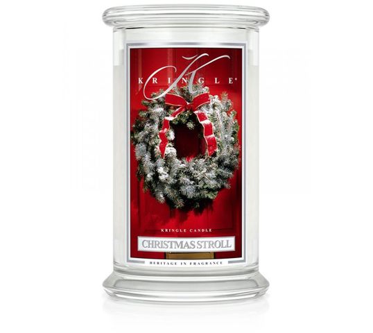 Kringle Candle Duża świeca zapachowa z dwoma knotami Christmas Stroll (623 g)