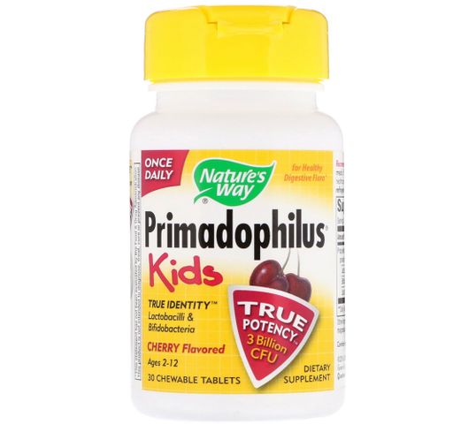 Nature's Way Primadophilus Kids Cherry mieszanka bakterii probiotycznych o smaku wiśni suplement diety 30 tabletek do żucia