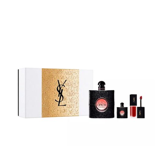 Yves Saint Laurent Black Opium Pour Femme zestaw woda perfumowana spray 90ml + woda perfumowana spray 7.5ml + Tatouage Couture Velvet Cream Lipstick pomadka do ust 206